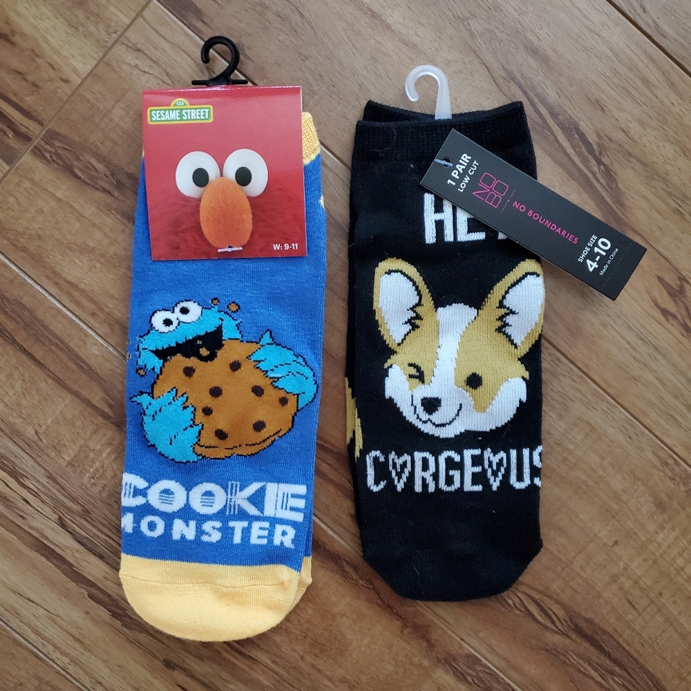2 pairs Fun Corgi and Cookie Monster Socks